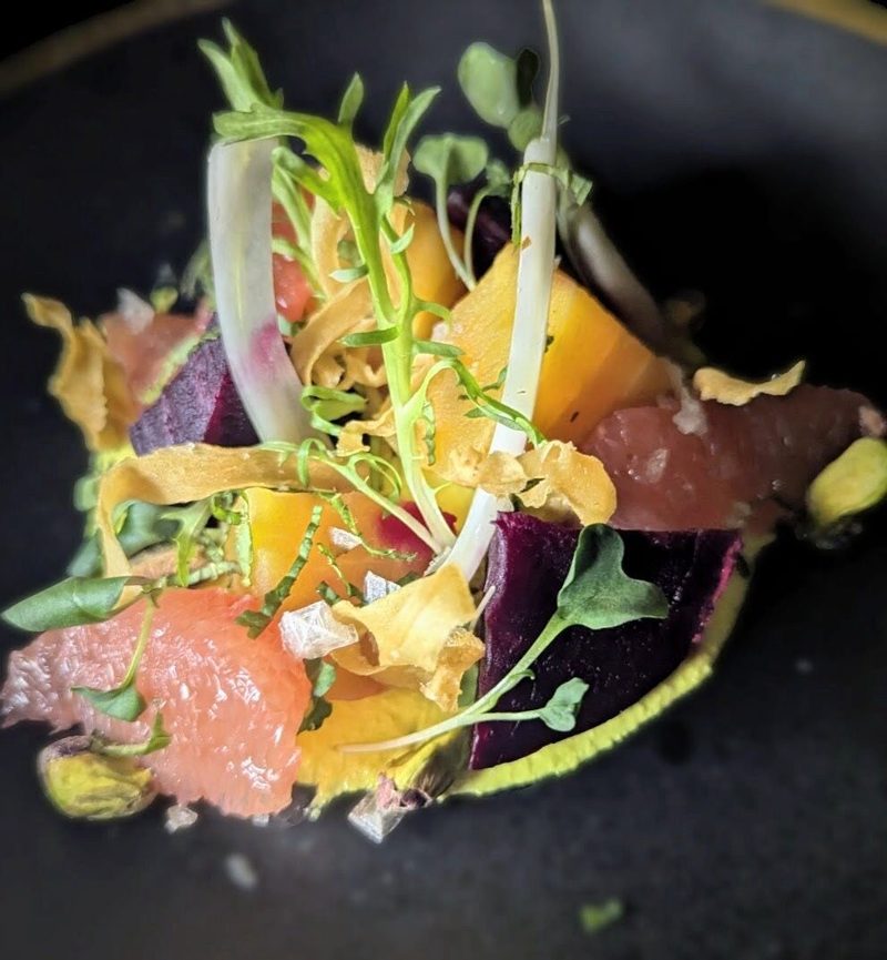 Beet, citrus, and pistachio seasonal salad plated by Chef Brian Schultze, private chef.