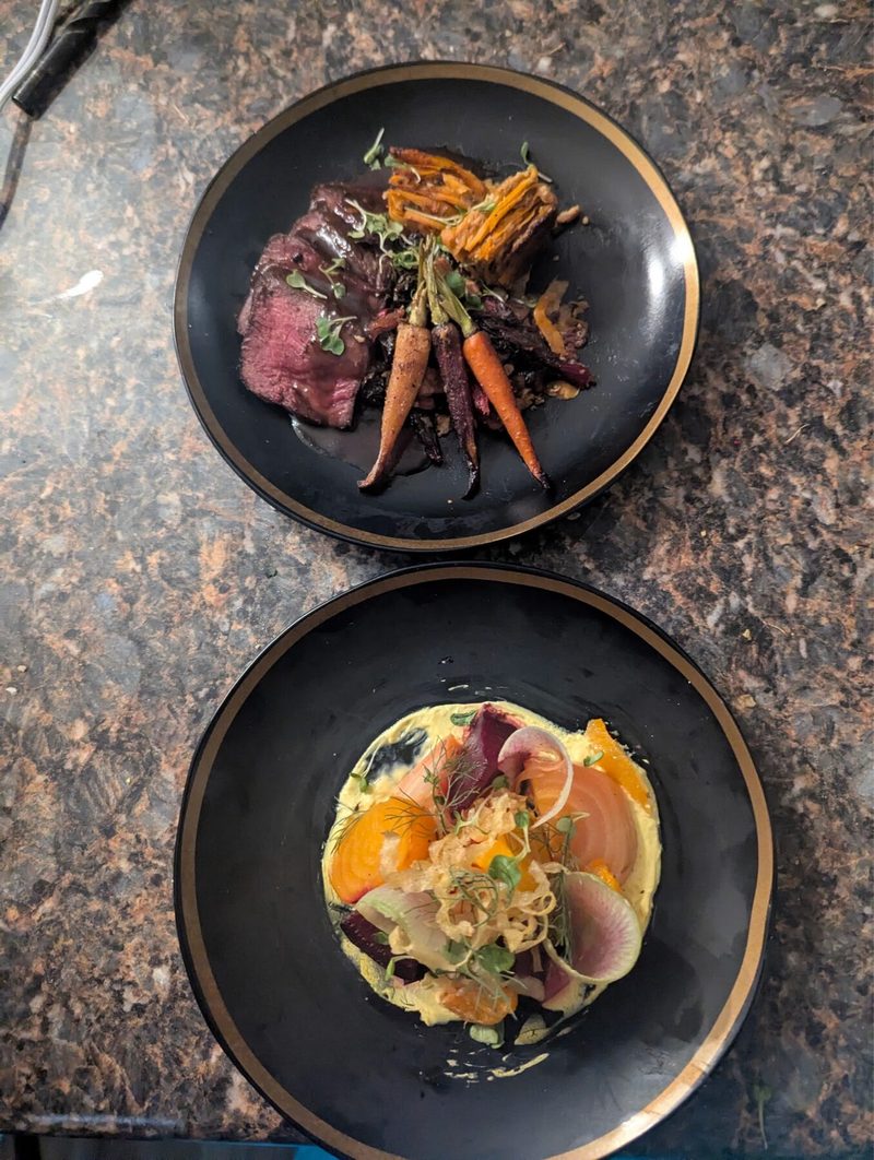 Seared steak with roasted carrots and beet salad plated by Chef Brian Schultze, private chef.
